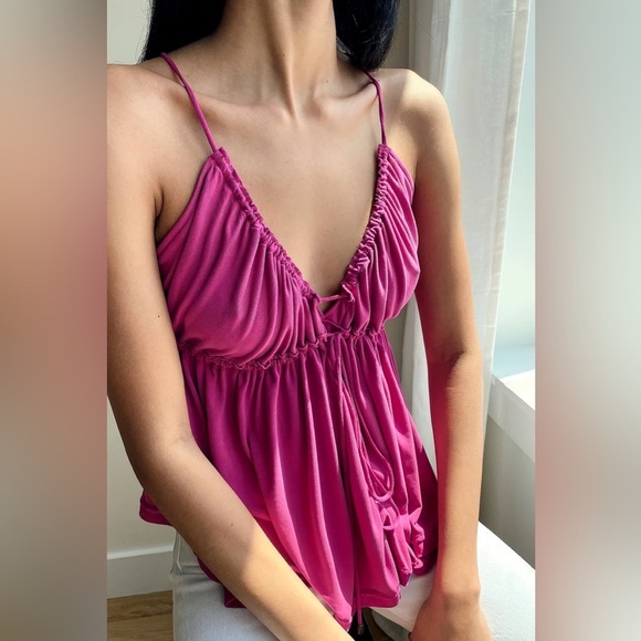 Free People Ruched Magenta Halter Top – Size M, Soft Jersey Knit Boho Cami - Picture 1 of 14